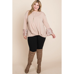 Taupe Two Tier Velvet Animal Sleeves Plus Women's Knit Top