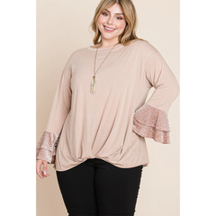 Taupe Two Tier Velvet Animal Sleeves Plus Women's Knit Top