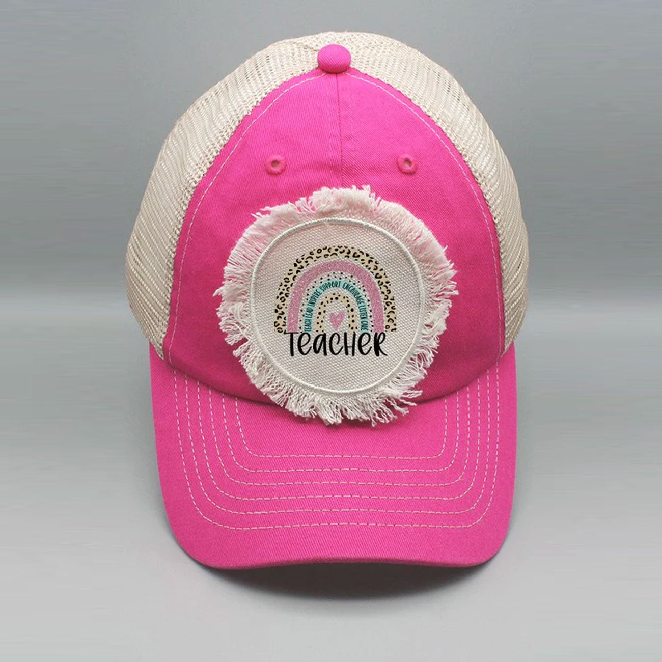 Teacher Pink Leopard Rainbow Patch Hat