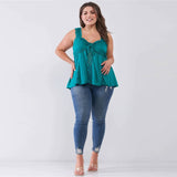 Teal Lace Trim Sleeveless Gathered Front Plus Women's Top