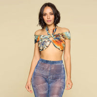 Teal & Orange Sexy Crop Halter Women's Top