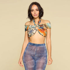 Teal & Orange Sexy Crop Halter Women's Top