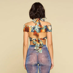 Teal & Orange Sexy Crop Halter Women's Top