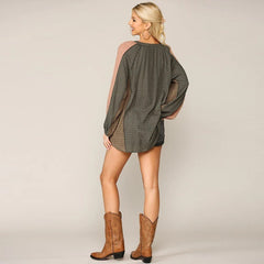 Textured Color Mixed Tassel Tie Peasant Top with Reverse Stitch Detail