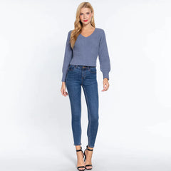 Trendy Long Puff Sleeve V-neck Rib Sweater - Blue