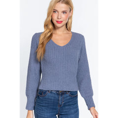 Trendy Long Puff Sleeve V-neck Rib Sweater - Blue