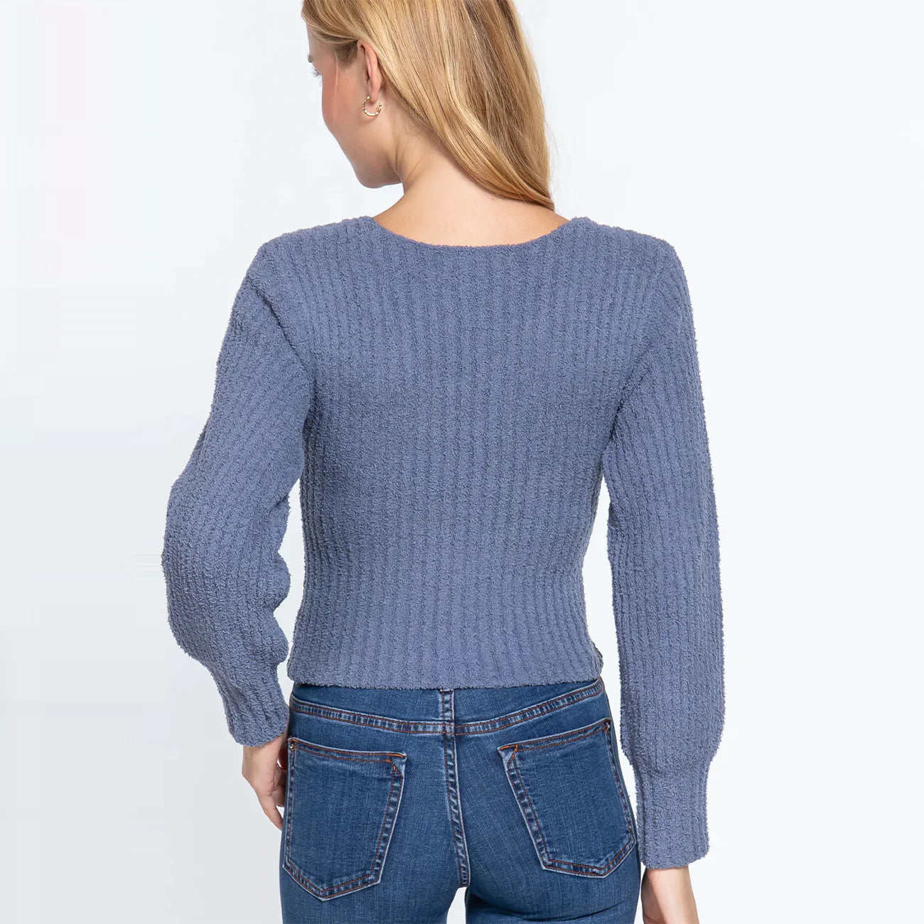 Trendy Long Puff Sleeve V-neck Rib Sweater - Blue