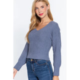 Trendy Long Puff Sleeve V-neck Rib Sweater - Blue