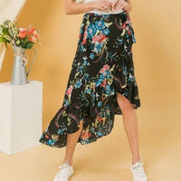 Trim High Low Black Floral Ruffle Skirt