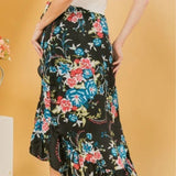 Trim High Low Black Floral Ruffle Skirt