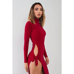 Turtle Neck Long Sleeve Side Slit Midi Dress