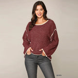 Two-tone Sold Round Neck Sweater - Red