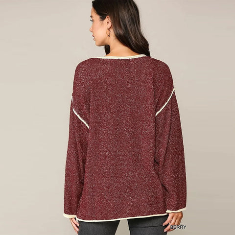 Two-tone Sold Round Neck Sweater - Red