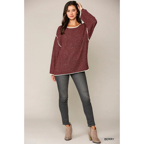 Two-tone Sold Round Neck Sweater - Red
