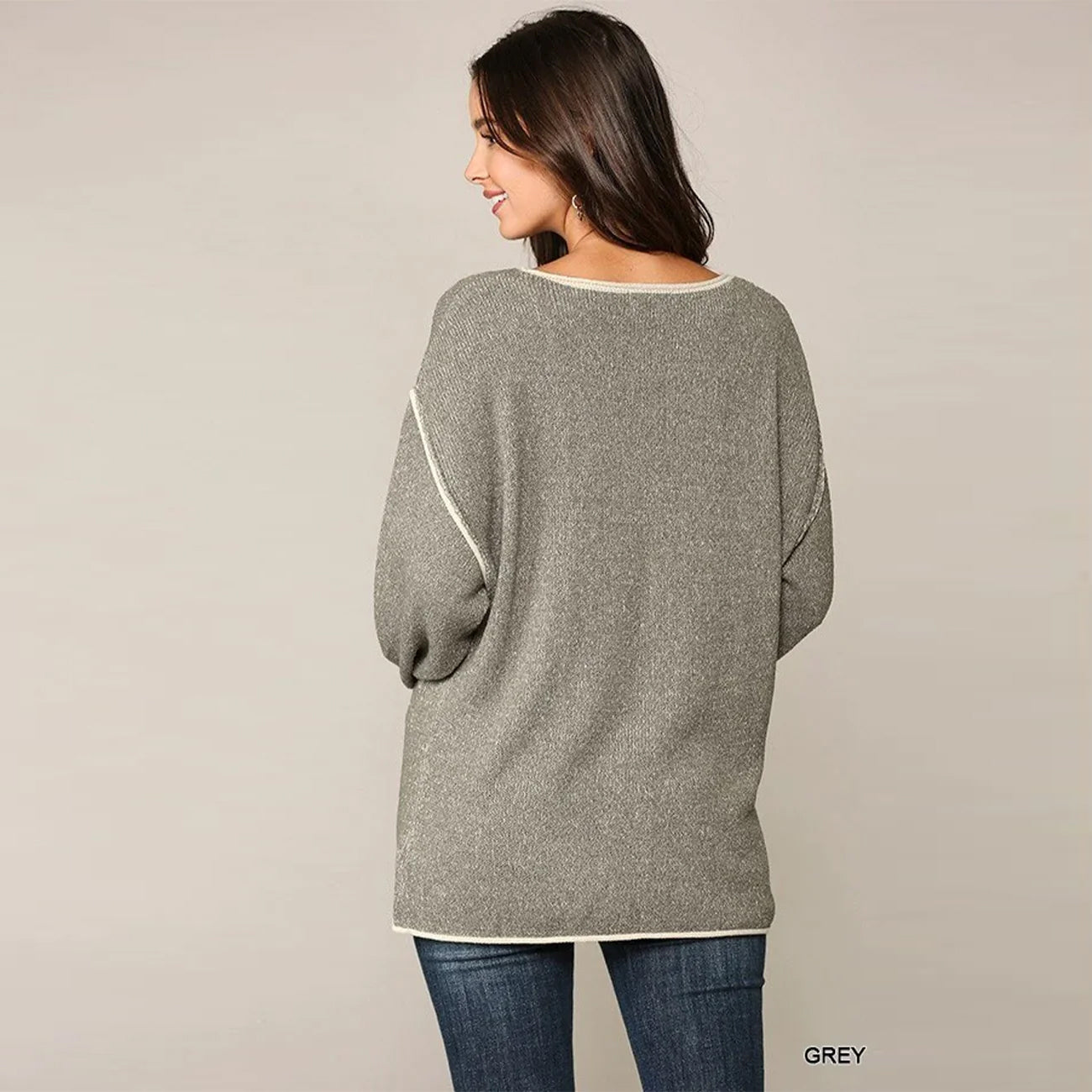 Two-tone Sold Round Neck Sweater Top - Grey