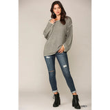 Two-tone Sold Round Neck Sweater Top - Grey
