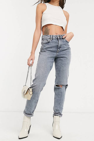 Topshop double knee rip mom jeans in smok grey