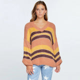  V-Neck Cozy Thick Knit Stripe Pullover Sweater - Orange