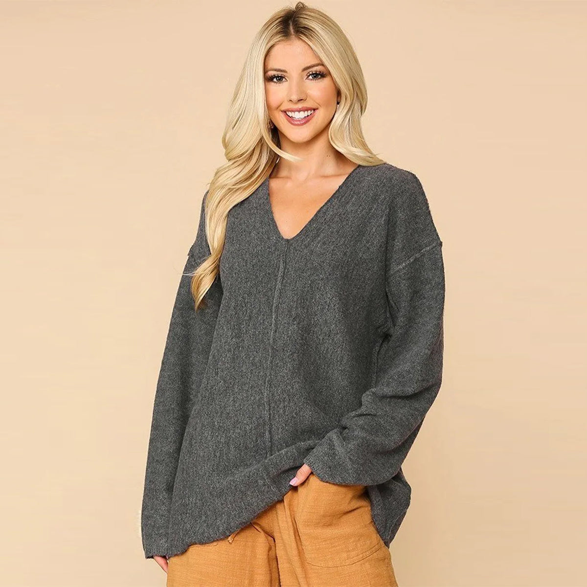 V-neck Solid Soft Sweater Top With Cut Edge - Grey