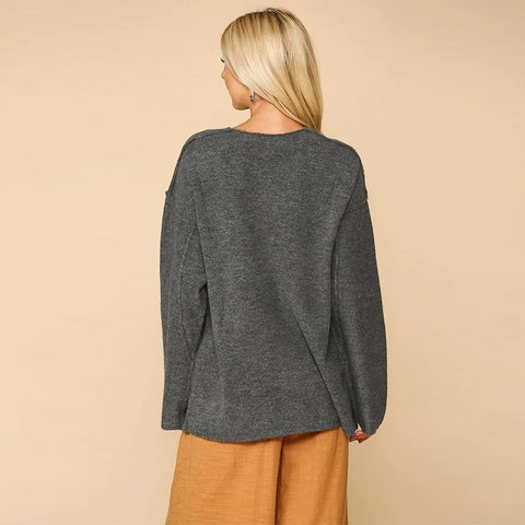 V-neck Solid Soft Sweater Top With Cut Edge - Grey