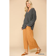V-neck Solid Soft Sweater Top With Cut Edge - Grey