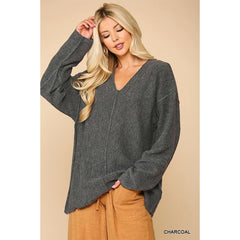 V-neck Solid Soft Sweater Top With Cut Edge - Grey