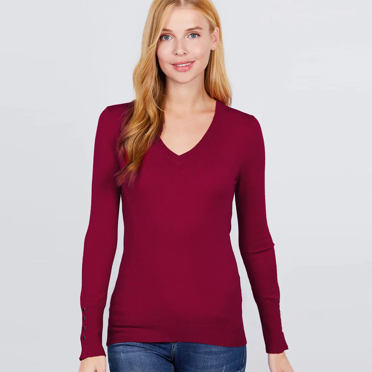 V-neck Sweater w/ rivet Button - Red