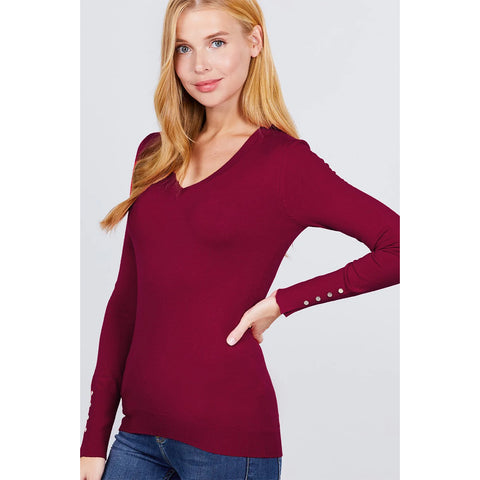 V-neck Sweater w/ rivet Button - Red