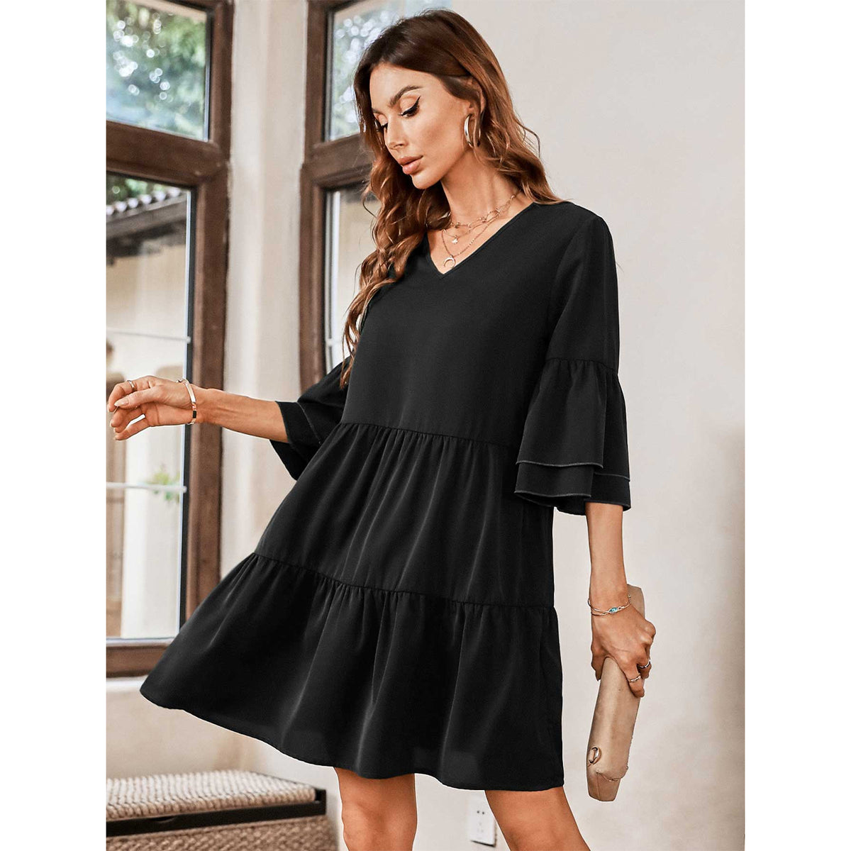 V-Neck Three-Quarter Flounce Sleeve Tiered Dress