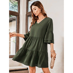 V-Neck Three-Quarter Flounce Sleeve Tiered Dress