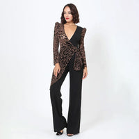 V Buckle Flared Leg Leopard Women's Jumpsuit