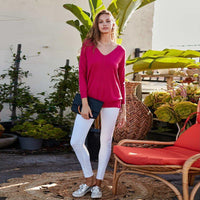 V Neck 3/4 Sleeve Side Slit Hi-lo Sweater - Red