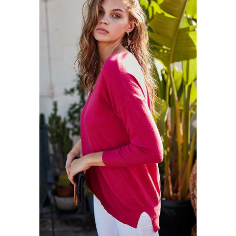 V Neck 3/4 Sleeve Side Slit Hi-lo Sweater - Red