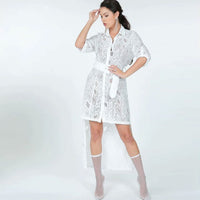 White Belted Hi Low Placket Lace Shirt Dress