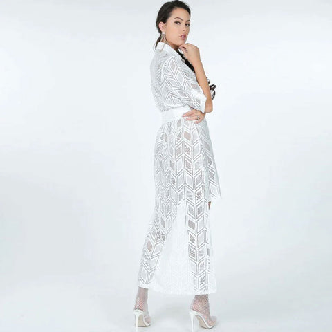 White Belted Hi Low Placket Lace Shirt Dress