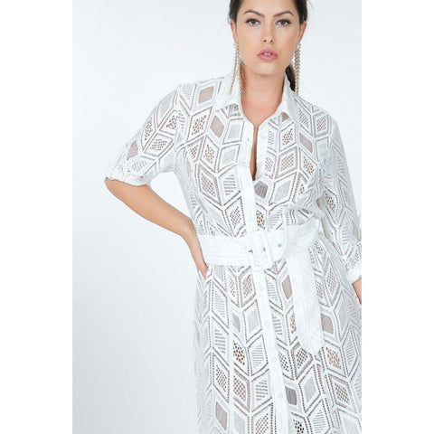 White Belted Hi Low Placket Lace Shirt Dress