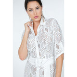 White Belted Hi Low Placket Lace Shirt Dress
