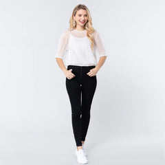White Elbow Slv Dot Mesh Top Winner Cami
