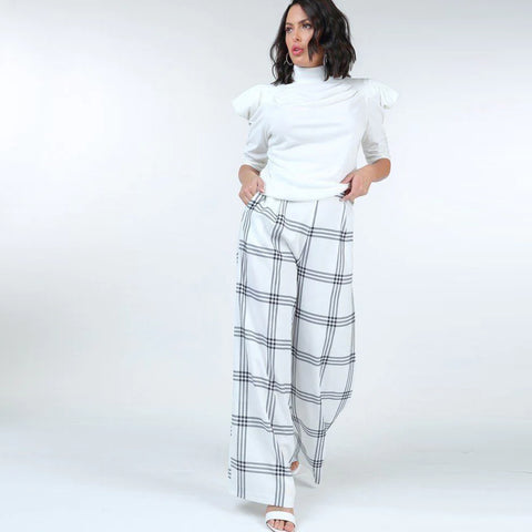 White High Waist Plaid Print Wide Leg Pants