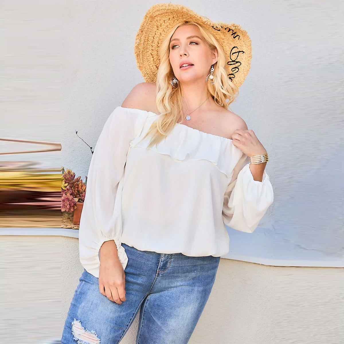 White Off Shoulder Ruffle Bubble Sleeve Women's Top