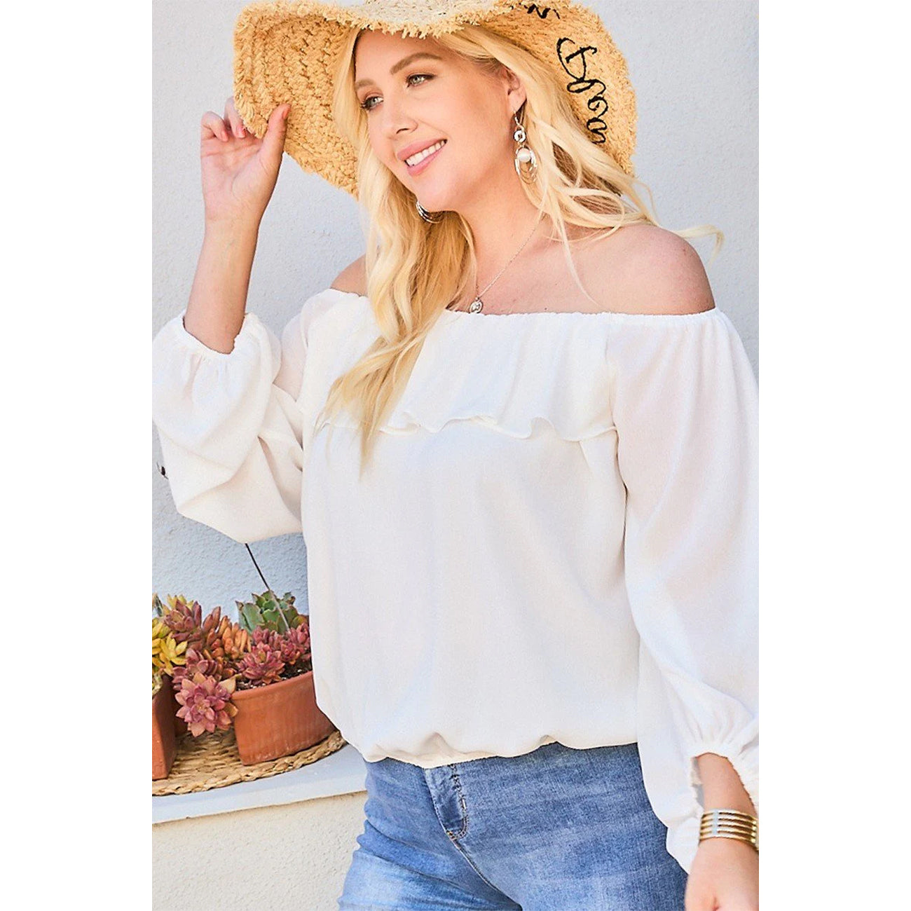 White Off Shoulder Ruffle Bubble Sleeve Women's Top