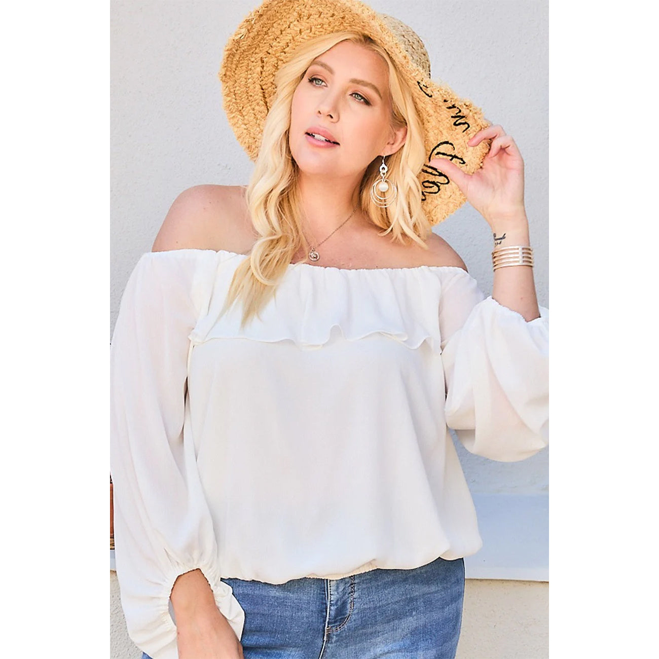 White Off Shoulder Ruffle Bubble Sleeve Women's Top