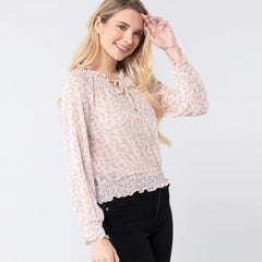 White Printed Long Sleeve Woven Blouse