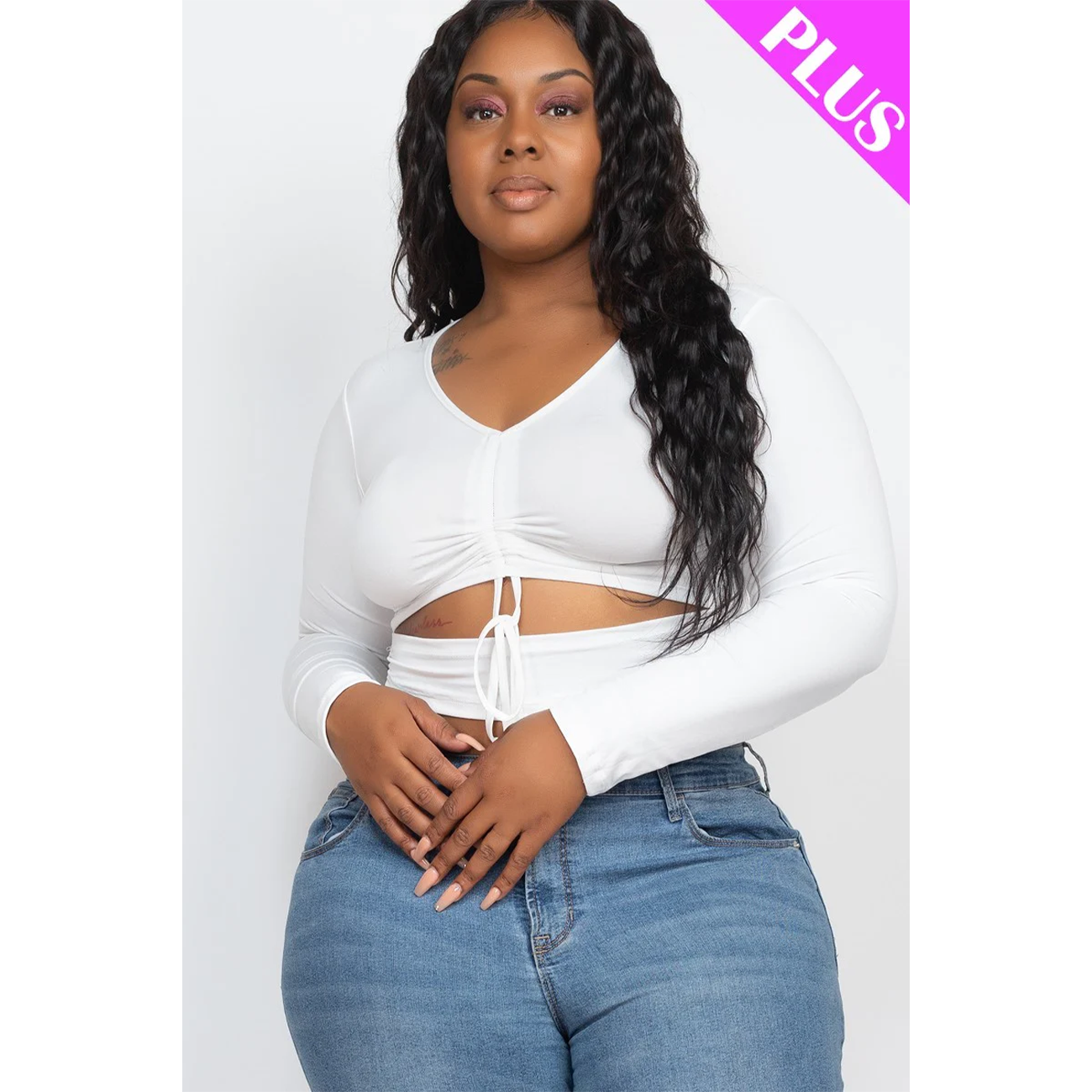 White Ruched Cutout Stretch Knit Plus Size Women's Crop Top