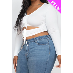 White Ruched Cutout Stretch Knit Plus Size Women's Crop Top