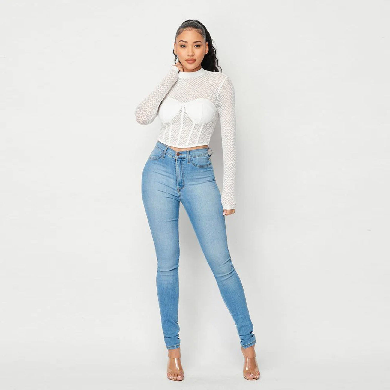 White Sexy Mesh Mock Neck Transparent Long Sleeve Top