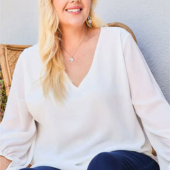 White V-Neck Bubble Sleeve Solid Women's Top