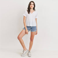 White Waffle Raw Edge V-neck Rolled Up Short Sleeves Top