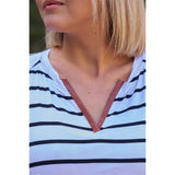 White & Black Stripped V-neck With Leather Plus Women's Top
