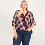 Wine Plaid 3/4 Sleeve V-neckline And Relaxed Fit Women's Top